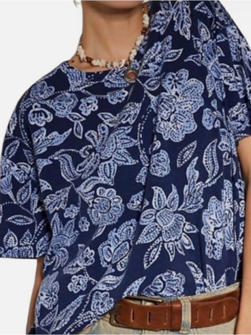 Oversized We The Free Printed Nina Navy & Light Blue Floral Tee Top